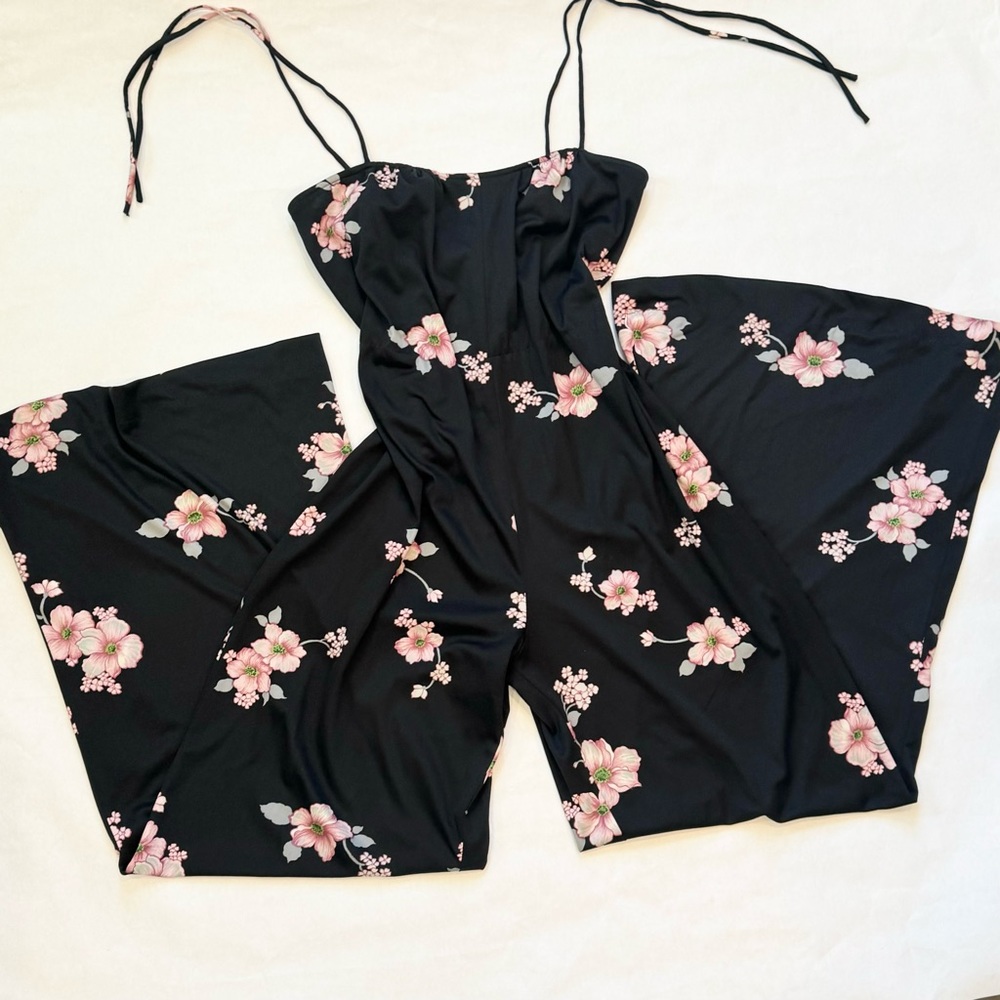 Vintage Frederick’s of Hollywood Silky Black 70s Floral Palazzo Pant Jumpsuit XL
